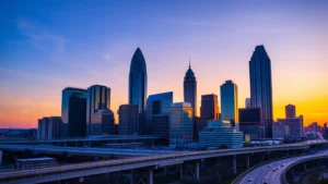 Sunset view of Atlanta skyline with downtown buildings, Interstate 75 highway, and golden hour lighting reflecting off glass towers and modern architecture