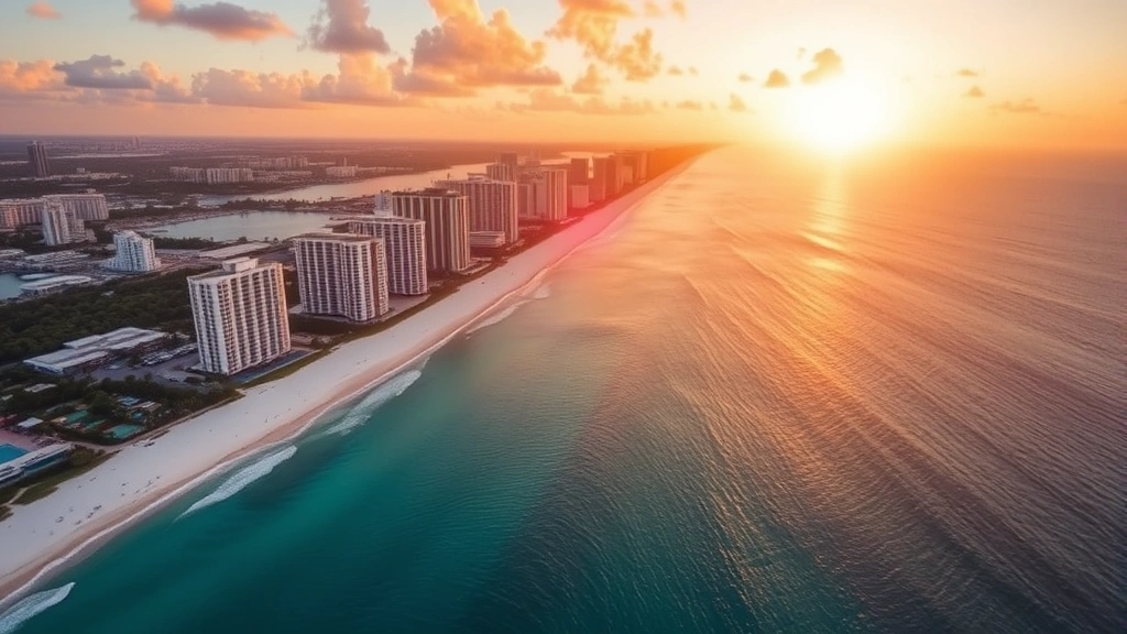 Aerial view of Miami coastline with turquoise waters, high-rise buildings, and white sandy beaches stretching along the shore at sunset