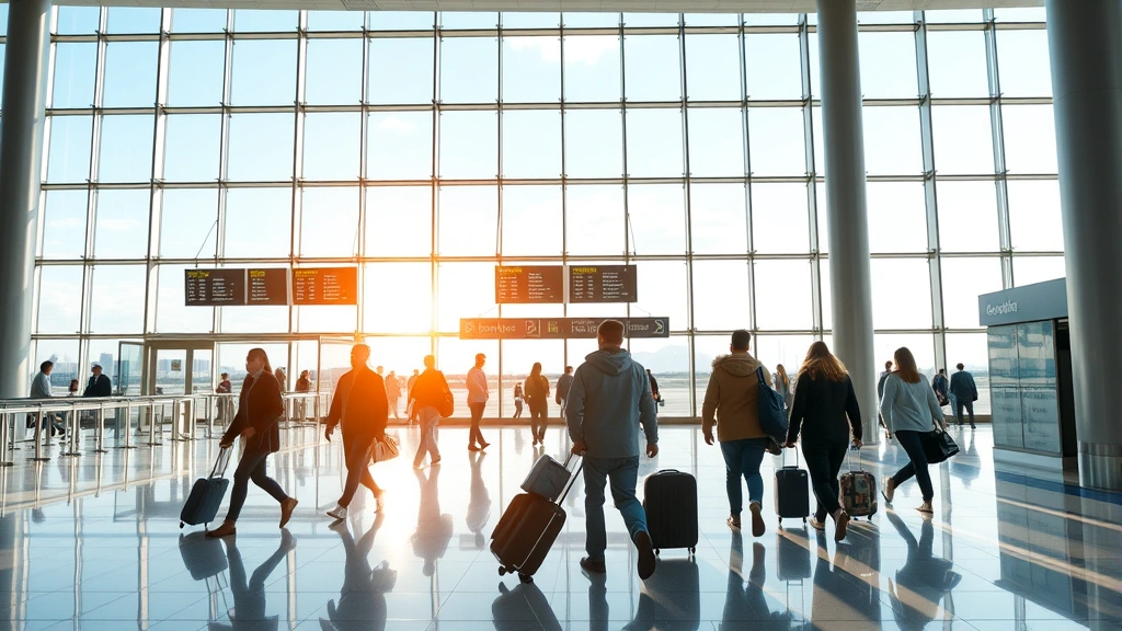 Passengers walking through modern airport terminal with large windows, contemporary architecture, and natural sunlight streaming through, showing departure boards and travelers with luggage