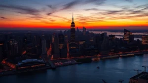 Aerial view of Manhattan skyline at sunset with Hudson River and Empire State Building prominently featured, vibrant city lights beginning to glow