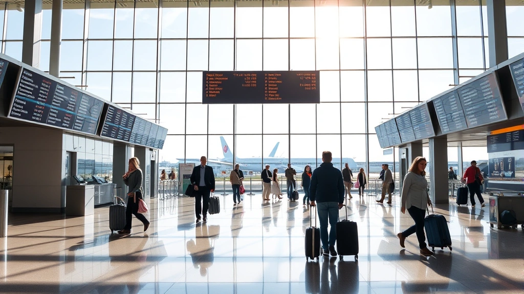 Modern airport terminal interior with departure boards, travelers walking with luggage, natural light streaming through large windows showing planes outside