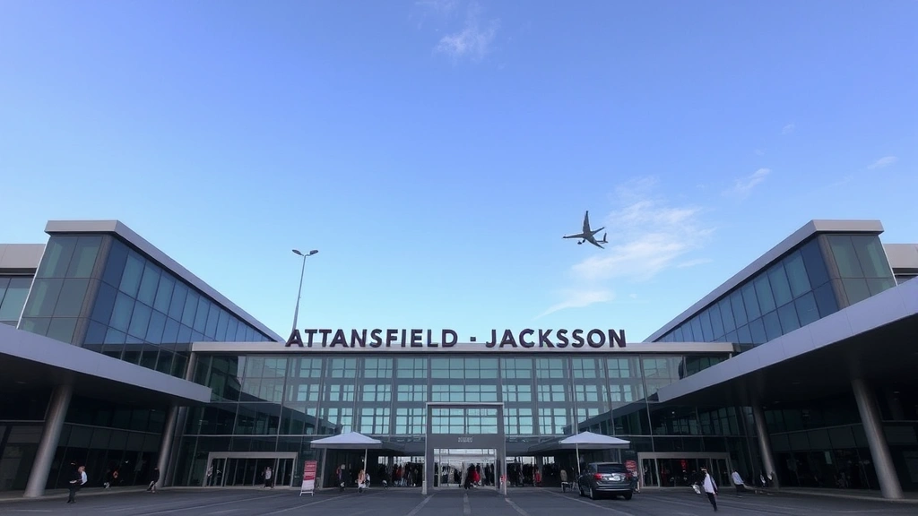 Hartsfield-Jackson Atlanta International Airport exterior entrance with aircraft visible, modern architecture and clear sky, busy passenger area