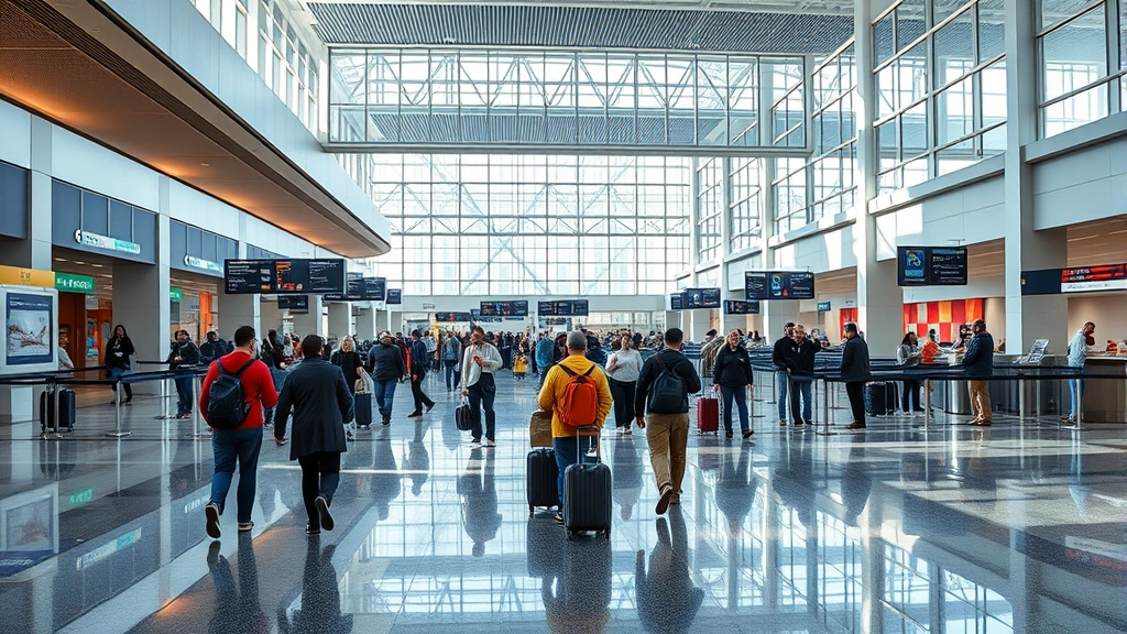 Hartsfield-Jackson Atlanta International Airport departure hall with travelers checking in, modern architecture, bustling terminal, daytime natural lighting, realistic photography