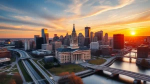 Aerial view of Philadelphia skyline at sunset showing the Benjamin Franklin Parkway, City Hall with its distinctive tower, and the Schuylkill River with modern skyscrapers reflecting golden hour light, photorealistic, no text