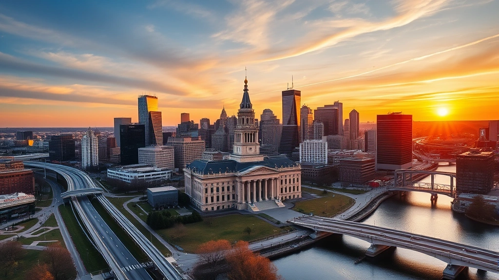 Aerial view of Philadelphia skyline at sunset showing the Benjamin Franklin Parkway, City Hall with its distinctive tower, and the Schuylkill River with modern skyscrapers reflecting golden hour light, photorealistic, no text