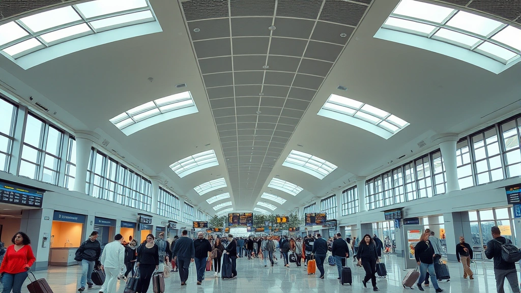 Busy Hartsfield-Jackson Atlanta International Airport terminal interior showing passengers walking with luggage, modern architecture with skylights, departure boards visible, bustling travel atmosphere, photorealistic, no text