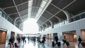 Hartsfield-Jackson Atlanta International Airport terminal interior with modern architecture, travelers rushing through corridors with luggage, bright natural lighting, contemporary design elements