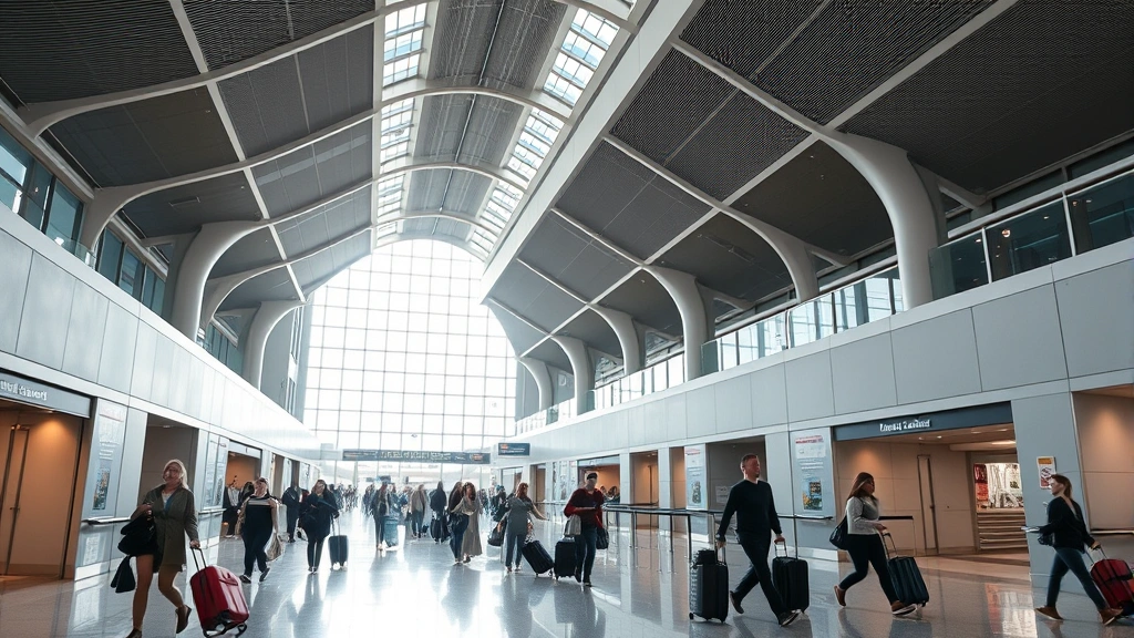 Hartsfield-Jackson Atlanta International Airport terminal interior with modern architecture, travelers rushing through corridors with luggage, bright natural lighting, contemporary design elements