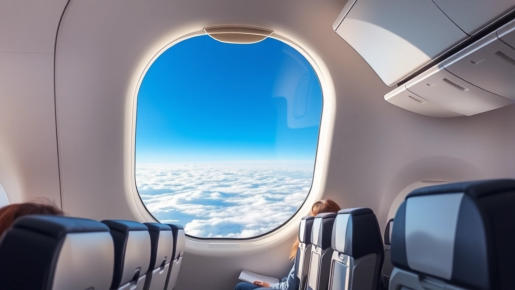 Modern airplane cabin interior showing comfortable seating, window view of clouds and sky during flight, passengers settled in seats, natural lighting streaming through airplane windows