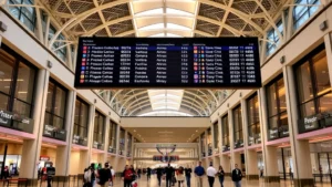 Hartsfield-Jackson Atlanta International Airport terminal interior with modern architecture, departures board, and travelers walking through spacious corridor