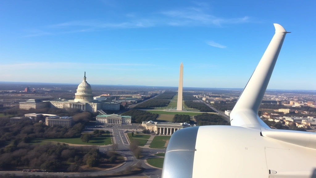 Washington DC monuments and iconic skyline including Capitol Building and Washington Monument visible from aircraft window during scenic approach and landing