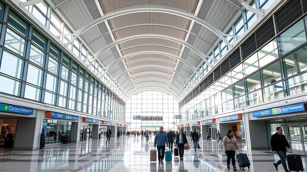 Austin-Bergstrom International Airport departure terminal interior with modern architecture, travelers walking with luggage, bright natural lighting, contemporary travel hub atmosphere
