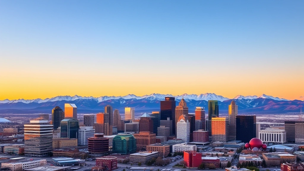 Denver skyline at sunset with Rocky Mountains in background, golden hour lighting, cityscape view from elevated perspective, vibrant urban landscape with snow-capped peaks