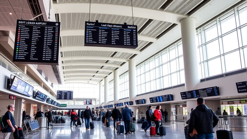Boston Logan Airport terminal interior with modern architecture, departure boards, travelers with luggage, natural light from windows, bustling airport atmosphere
