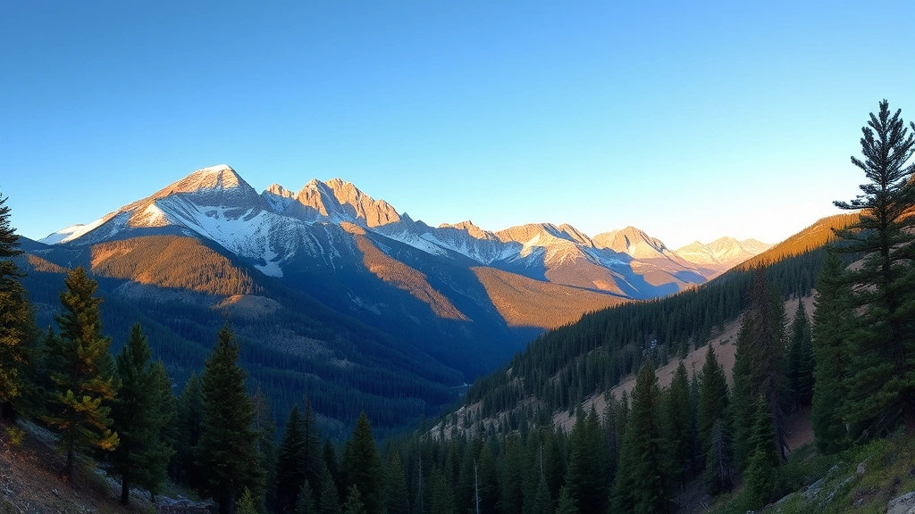 Colorado mountain landscape near Denver with pine forests, hiking trails, clear blue sky, dramatic peaks, outdoor adventure scenery, golden afternoon sunlight