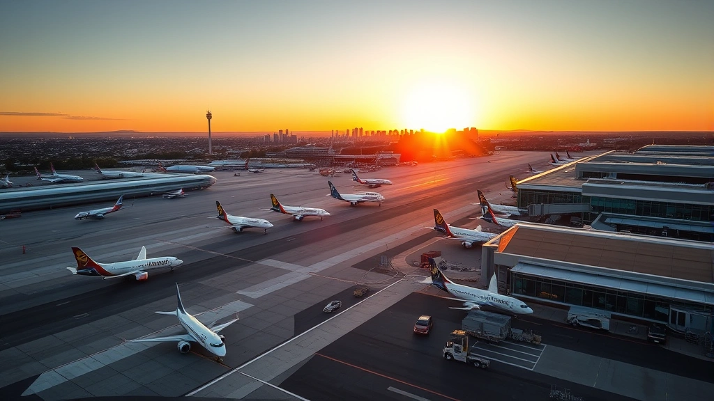 Aerial sunrise view of Boston Logan Airport with planes on tarmac, New England cityscape in background, golden morning light reflecting off glass terminals