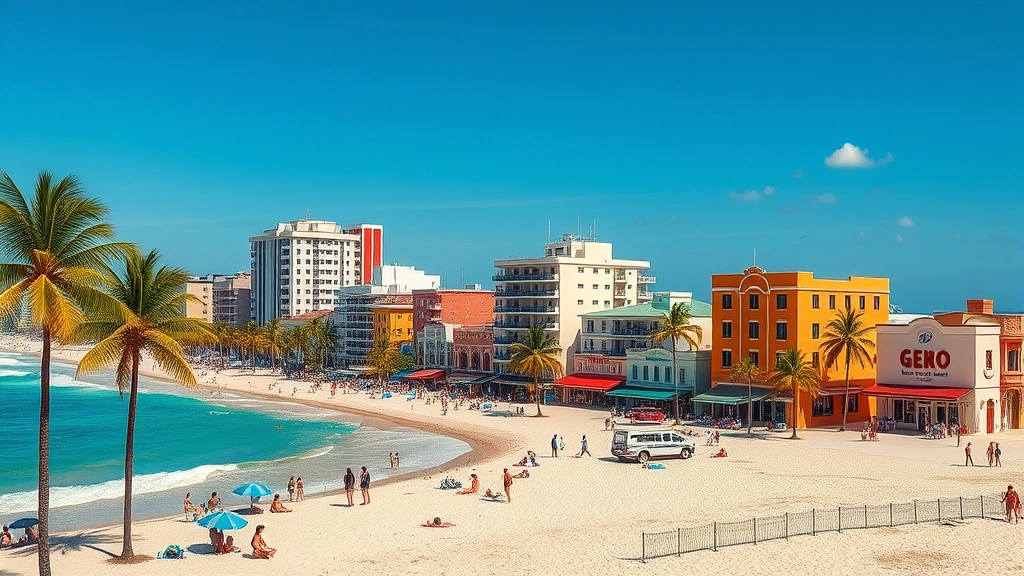 Vibrant Miami Beach scene with turquoise Atlantic Ocean, colorful Art Deco buildings lining the shore, palm trees swaying, tourists enjoying sandy beaches under clear blue sky