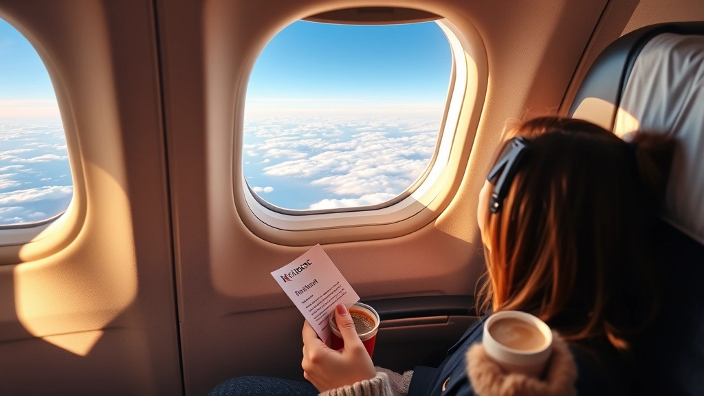 Cozy airplane cabin interior during flight with window seat showing blue sky and clouds, passenger holding boarding pass and coffee, warm cabin lighting suggesting mid-flight comfort