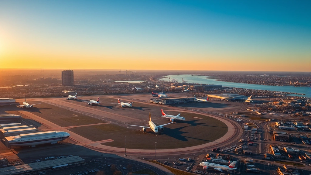 Aerial view of Boston Logan International Airport with morning light, airplanes on tarmac, New England cityscape visible below, professional travel photography