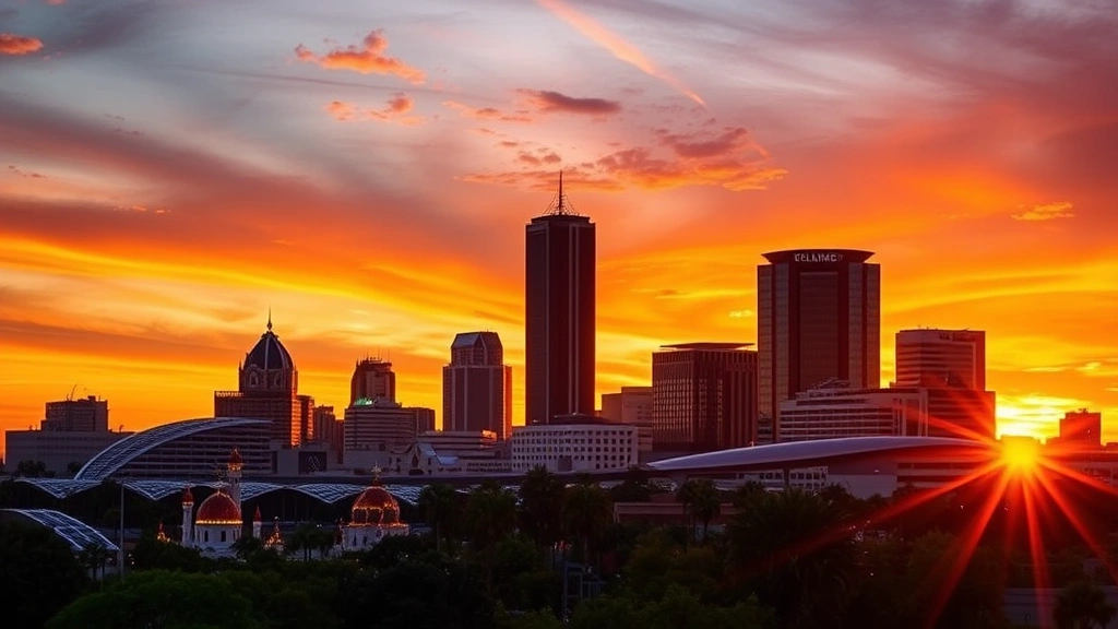 Vibrant Orlando skyline at sunset with theme park silhouettes, palm trees, and golden hour lighting reflecting off modern buildings, travel destination photography