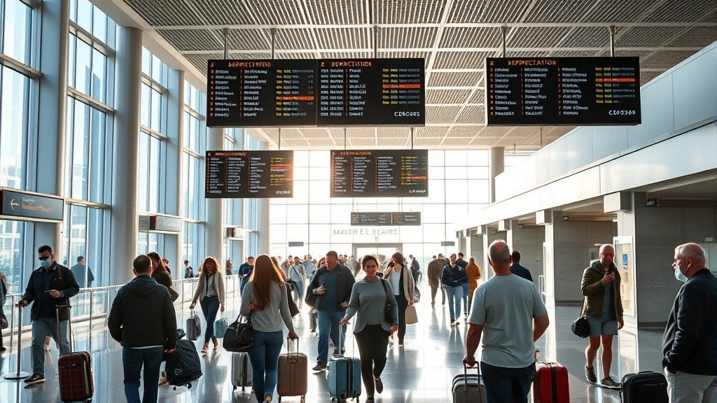 Passengers walking through modern airport terminal with departure boards, natural light streaming through windows, diverse travelers with luggage, candid airport scene