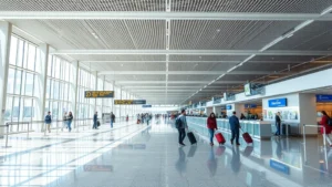 Boston Logan Airport departure hall with modern architecture, check-in counters, travelers with luggage, bright natural lighting, professional travel photography