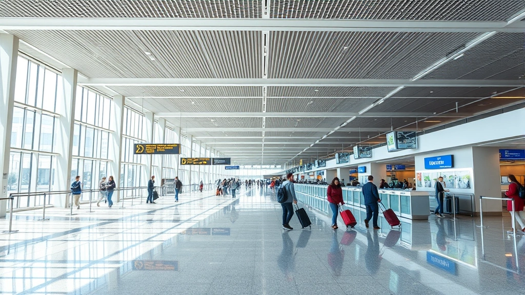 Boston Logan Airport departure hall with modern architecture, check-in counters, travelers with luggage, bright natural lighting, professional travel photography