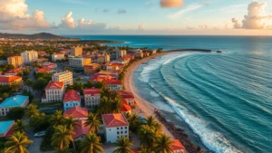 Aerial view of San Juan, Puerto Rico coastline with turquoise Caribbean waters, colorful colonial buildings, and palm trees at sunset, photorealistic travel photography