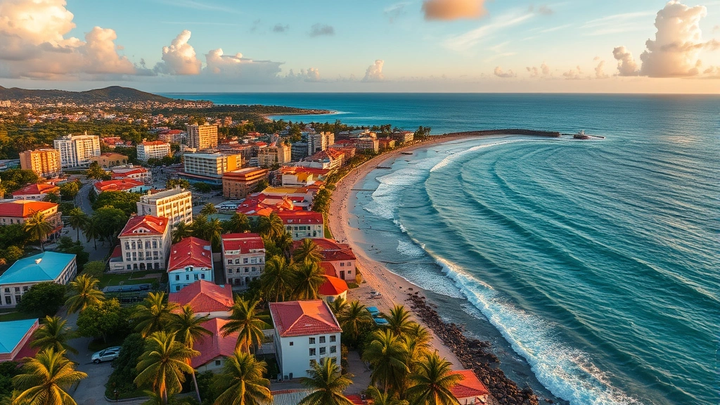 Aerial view of San Juan, Puerto Rico coastline with turquoise Caribbean waters, colorful colonial buildings, and palm trees at sunset, photorealistic travel photography