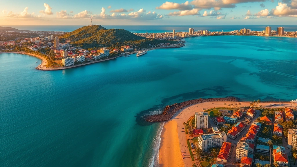 Aerial view of San Juan Puerto Rico coastline with turquoise Caribbean waters, colorful buildings, beaches, tropical landscape at golden hour