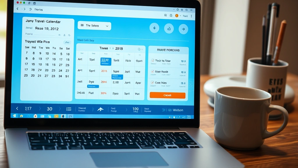 Travel booking on laptop screen with calendar, price comparison charts, flight options displayed, coffee cup nearby, workspace setup, realistic computer interface