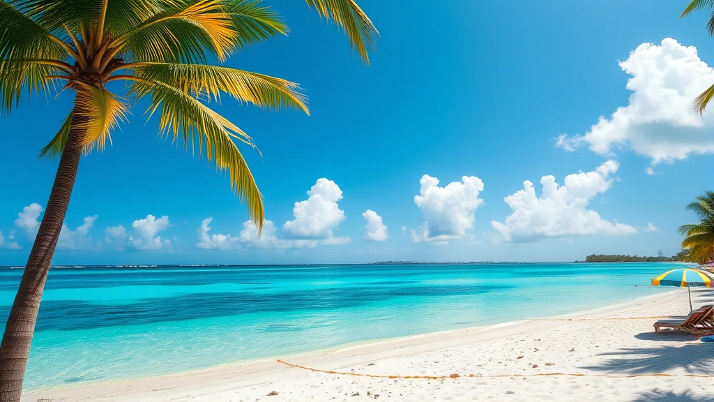 Puerto Rico tropical beach scene with white sand, crystal clear turquoise water, palm trees, and colorful beach umbrellas, no people, midday lighting