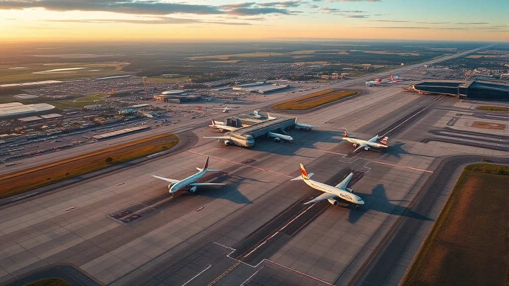 Aerial view of Buffalo Niagara International Airport with planes on tarmac, upstate New York landscape visible below, golden hour lighting, photorealistic