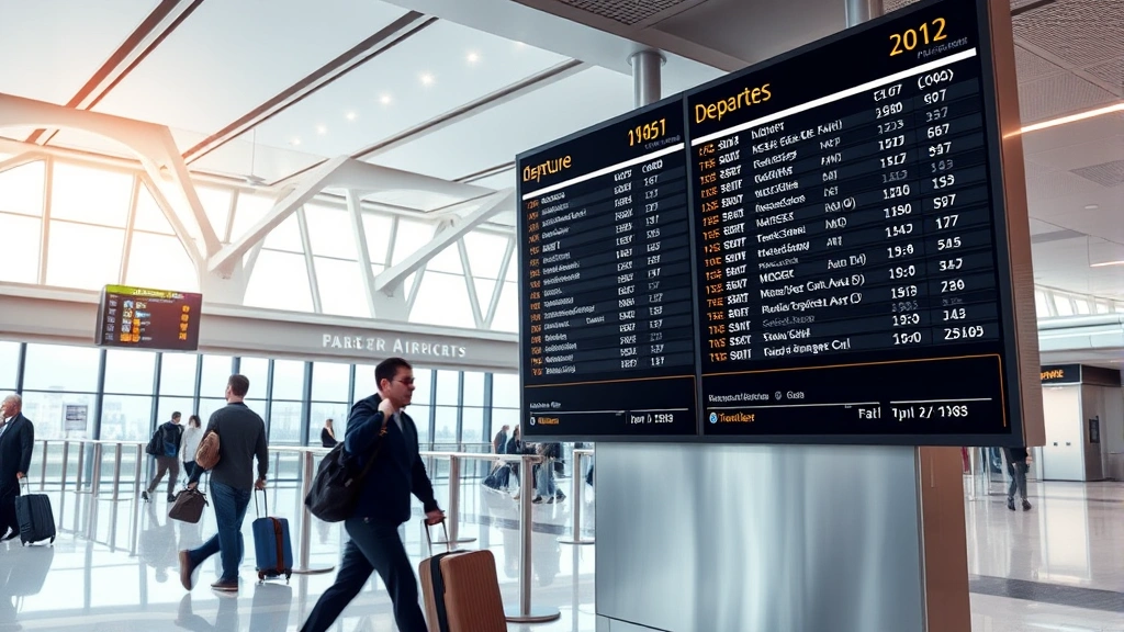 Modern airport departure board showing flight listings and times, travelers with luggage walking past, contemporary terminal interior, photorealistic