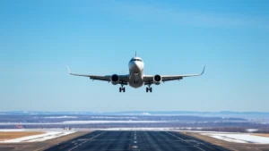 Aerial view of Buffalo Niagara International Airport runway with commercial aircraft taking off toward clear blue sky, winter landscape visible below
