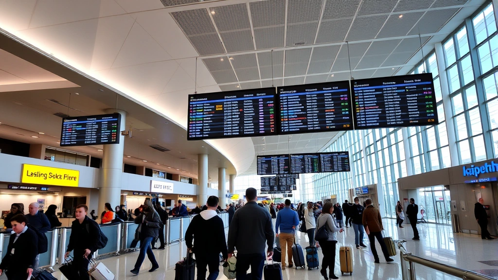 Modern airport terminal interior with departure boards displaying flight information, travelers with luggage moving through the concourse, contemporary airport architecture