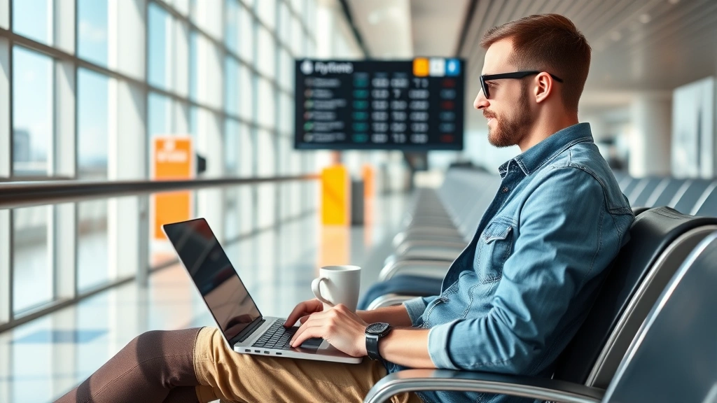 Travel blogger sitting at airport gate with laptop and coffee, looking at flight booking screen, casual travel planning scene, natural daylight from airport windows