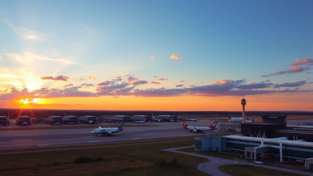 Panoramic sunset view over Charlotte Douglas International Airport with commercial aircraft on tarmac, modern terminal buildings, and North Carolina landscape in background