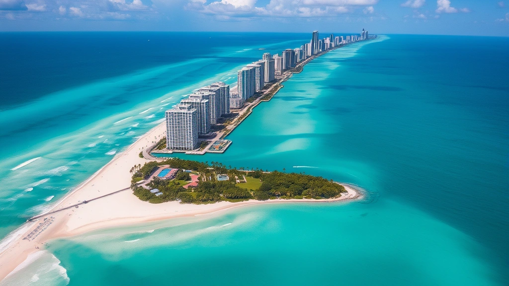 Aerial view of Miami's turquoise coastline with high-rise buildings and palm-lined beaches stretching along the Atlantic Ocean during daytime