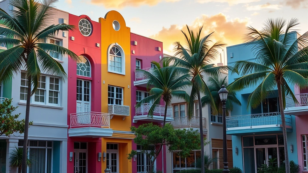 Colorful Art Deco buildings with pastel facades and tropical vegetation in Miami's historic district during golden hour