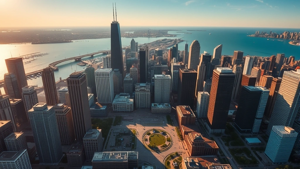 Aerial view of downtown Chicago skyline with Lake Michigan, modern skyscrapers reflecting sunlight, vibrant urban landscape during golden hour