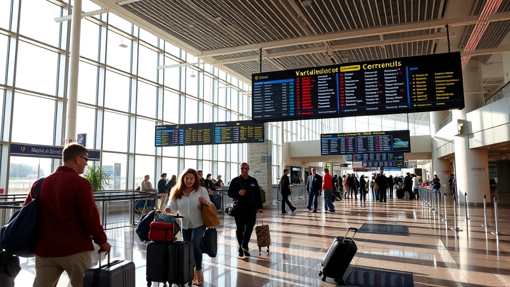 Hartsfield-Jackson Atlanta International Airport terminal interior, travelers with luggage near departure board, modern architecture with natural light streaming through windows