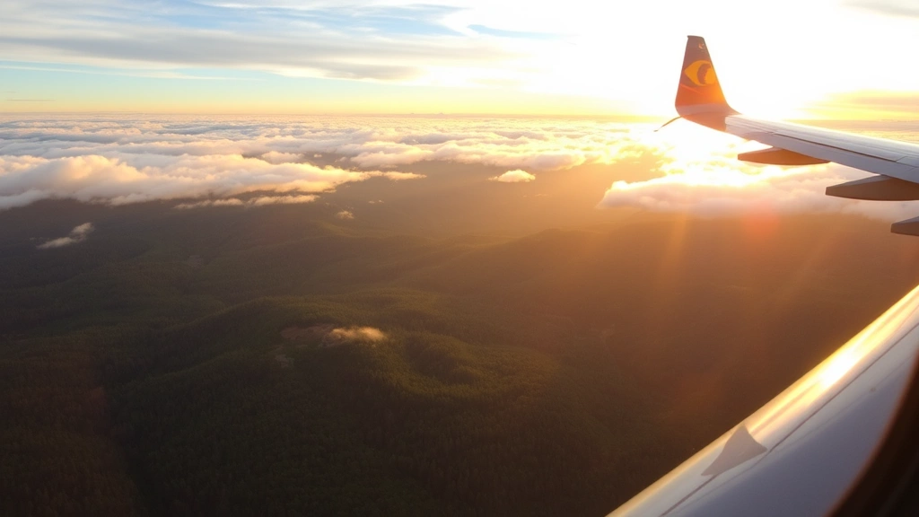 Scenic Georgia landscape showing rolling hills and evergreen forests from airplane window, clouds below wing, sunset lighting the horizon