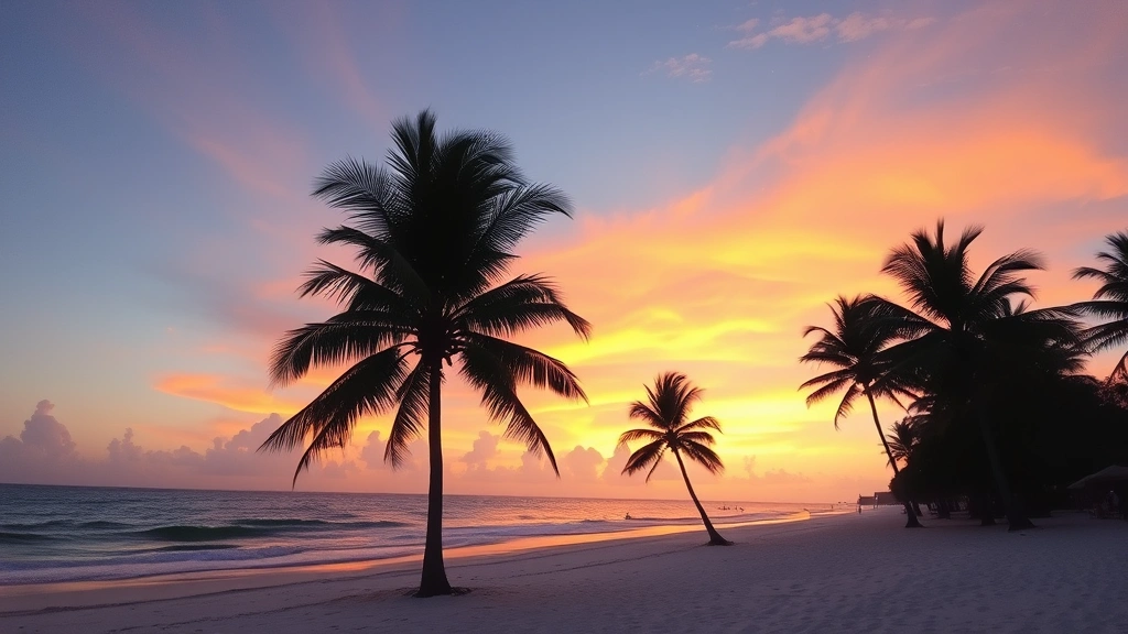 Sunset beach scene in Cancun with palm trees silhouetted against orange and pink sky, gentle waves on white sand, no people visible, peaceful tropical atmosphere
