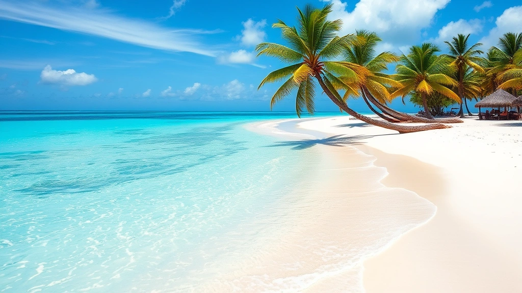 Turquoise Caribbean waters and white sand beach in Cancun Mexico with palm trees and clear blue sky, tropical paradise destination