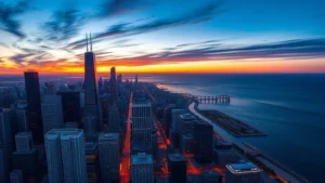 Aerial view of Chicago skyline with Lake Michigan at sunset, cityscape photography showing downtown skyscrapers and waterfront, professional travel photography style