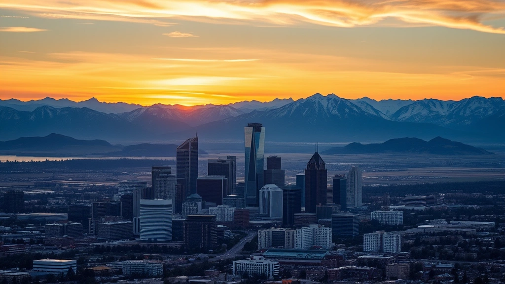 Aerial view of Denver skyline at sunset with Rocky Mountains in background, snow-capped peaks visible, golden hour lighting, mountain city landscape photography