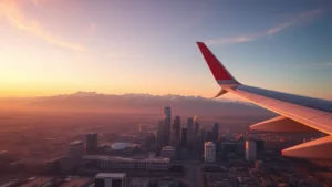 Aerial view of Denver skyline with Rocky Mountains in background, sunset lighting, airplane wing visible in frame corner, photorealistic travel photography