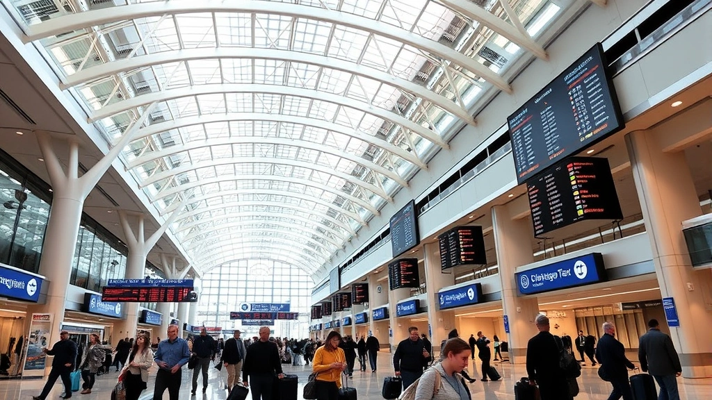 Chicago O'Hare airport terminal interior with modern architecture, travelers with luggage, departure boards, contemporary airport design, busy travel hub