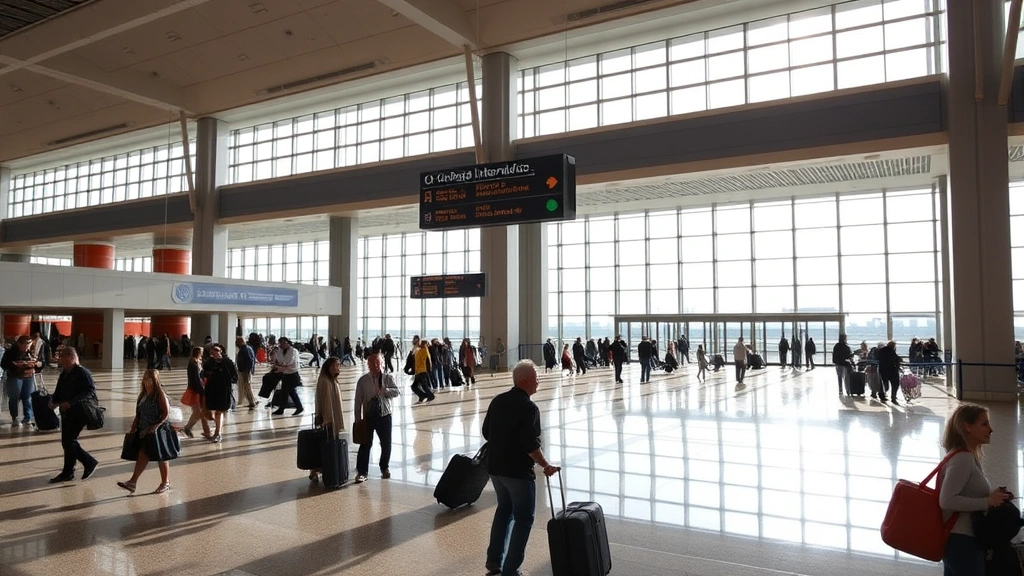 Chicago O'Hare International Airport terminal interior, modern architecture, travelers with luggage, bright natural light from windows, bustling atmosphere